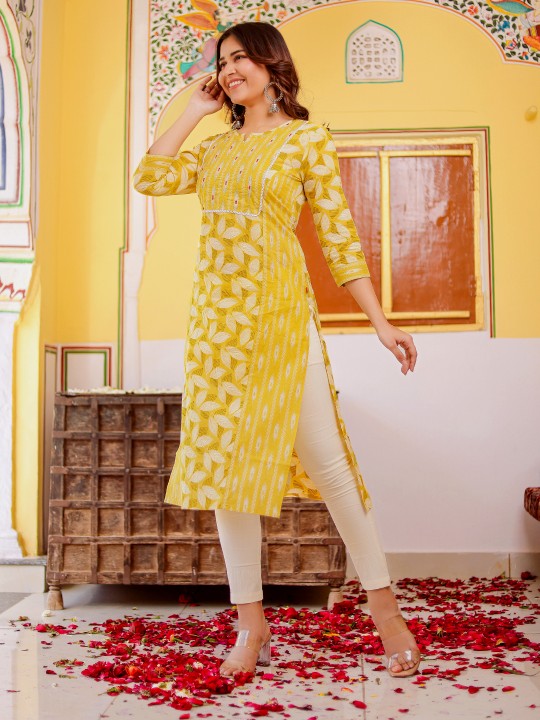 Floral Printed Cotton Thread Work Notch Neck Straight Kurta