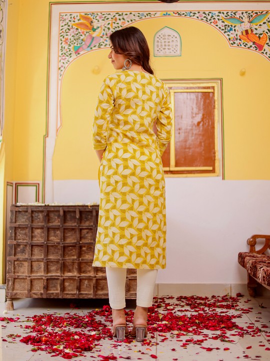 Floral Printed Cotton Thread Work Notch Neck Straight Kurta