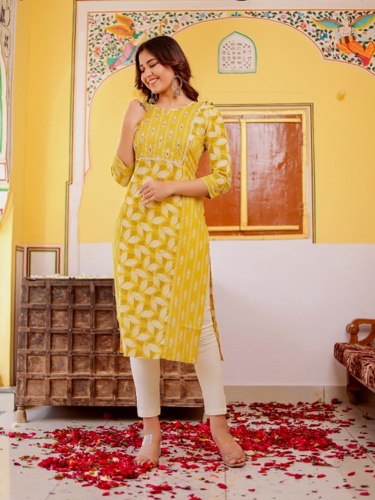 Floral Printed Cotton Thread Work Notch Neck Straight Kurta