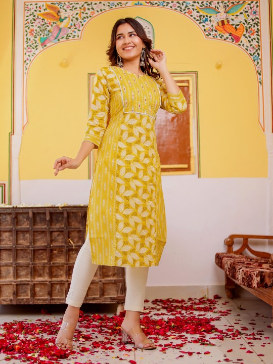 Floral Printed Cotton Thread Work Notch Neck Straight Kurta