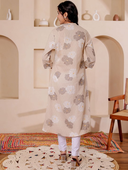 Floral Printed Mandarin Collar Straight Cotton Dobby Kurta