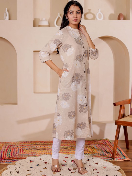 Floral Printed Mandarin Collar Straight Cotton Dobby Kurta