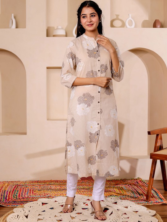 Floral Printed Mandarin Collar Straight Cotton Dobby Kurta