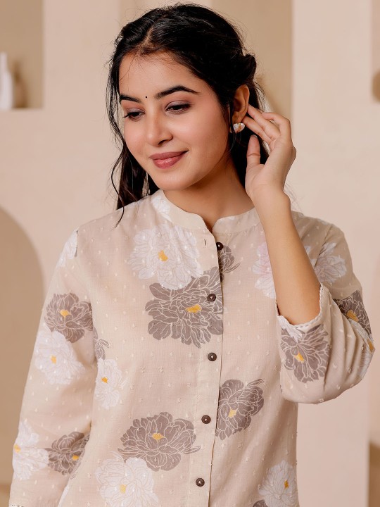 Floral Printed Mandarin Collar Straight Cotton Dobby Kurta