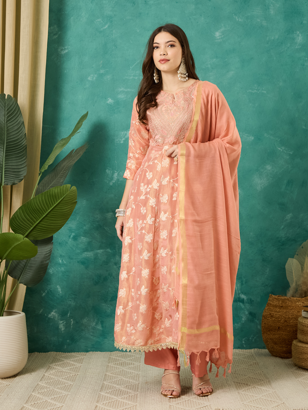 Vasvi Women Jacqurard Embroidered Kurta Set With Dupatta, Peach