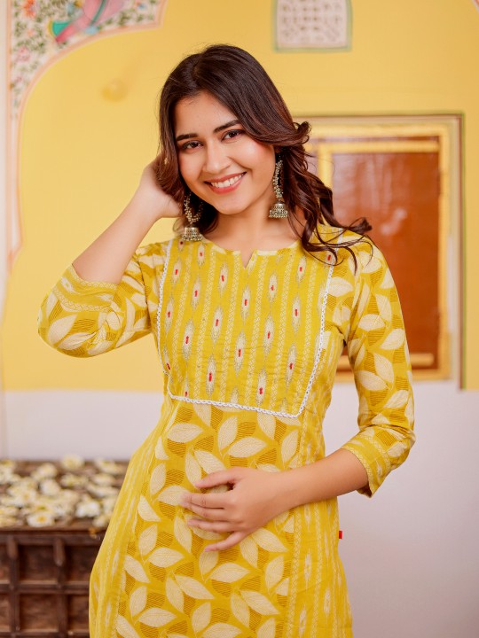 Floral Printed Cotton Thread Work Notch Neck Straight Kurta