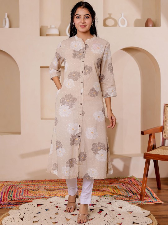 Floral Printed Mandarin Collar Straight Cotton Dobby Kurta