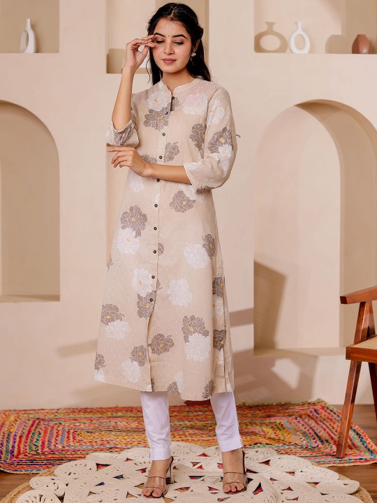 Floral Printed Mandarin Collar Straight Cotton Dobby Kurta