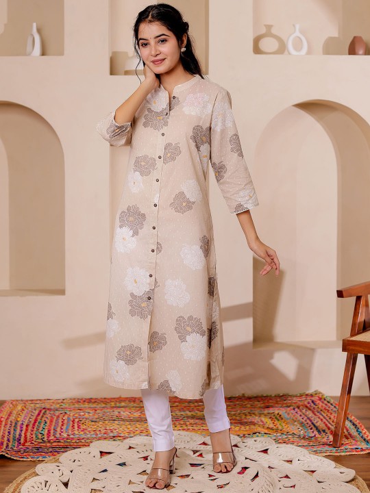 Floral Printed Mandarin Collar Straight Cotton Dobby Kurta