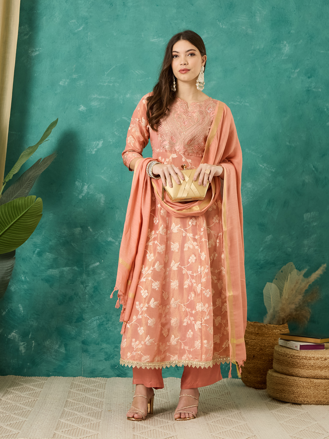 Vasvi Women Jacqurard Embroidered Kurta Set With Dupatta, Peach