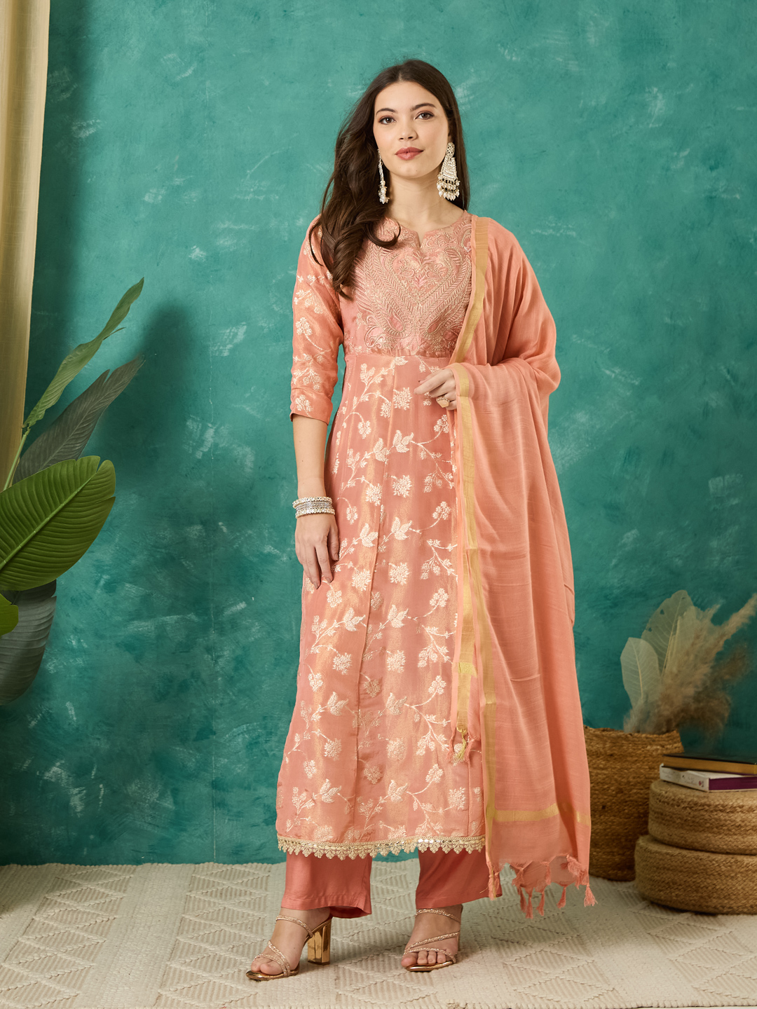 Vasvi Women Jacqurard Embroidered Kurta Set With Dupatta, Peach
