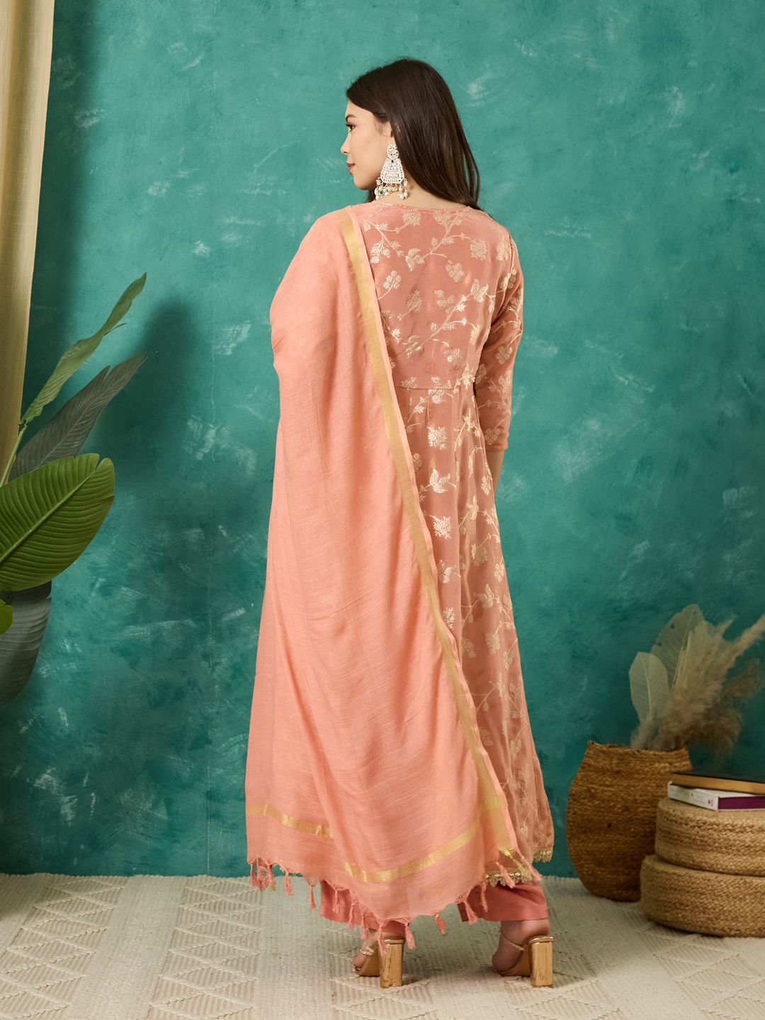 Vasvi Women Jacqurard Embroidered Kurta Set With Dupatta, Peach